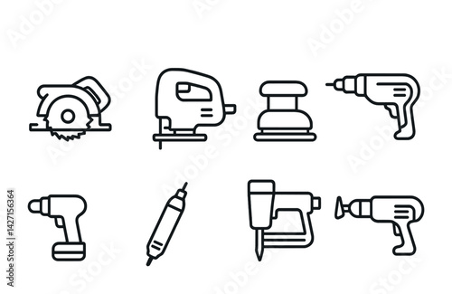 Power tools icon set – outline style for diy and construction projects: circular saw, jigsaw, sander, cordless drill, power drill, rotary tool, staple gun, hammer drill