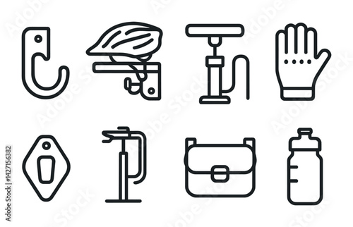 Cycling gear icon set – outline style icons for bicycle safety, accessories, and maintenance: helmet, pump, gloves, u-lock, hydration bottle, saddlebag, bike stand