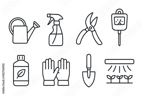 Gardening tools icon set – outline style horticulture and landscaping symbols for garden cultivation, plant care, and maintenance: watering can, spray bottle, pruning shears, soil tester, fertilizer,