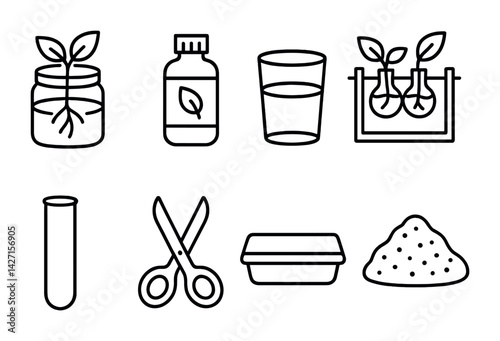 Biology and lab equipment outline icon set – scientific symbols for experiments and research: plant jar, nutrient bottle, water glass, test tubes, beaker, scissors, container, soil sample