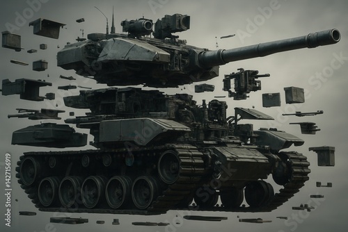 Futuristic tank exploding in its components in a gray background
