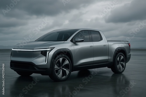Futuristic Electric Pickup Truck Parked on Wet Asphalt Under Cloudy Sky