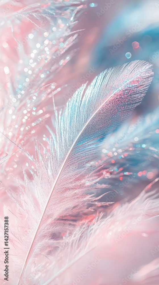 Obraz premium A delicate feather in soft pastel hues is beautifully intertwined with bubbles and a sparkling background, creating a whimsical and serene visual that embodies gentleness and tranquility.