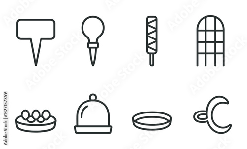 Culinary icons set – outline style cooking and kitchen symbols for food preparation and dining: spatula, lightbulb, tray, cloche, whisk, plate, egg carton, grid