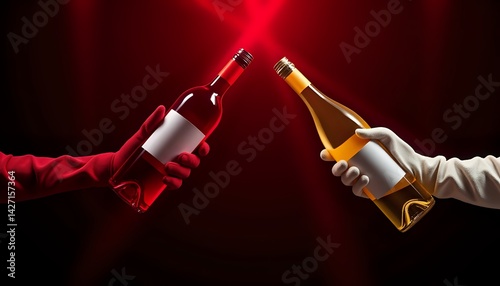 Composition with two hands of different people, one in a red glove holding a bottle of red wine, and the other in a white glove holding a bottle of white wine