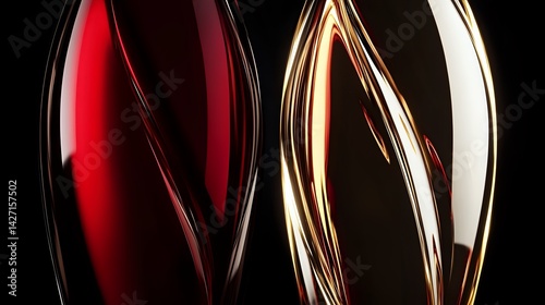 A close-up of two luxurious wine bottles, one red, one white, their curved glass surfaces glowing under intersecting red and gold spotlights