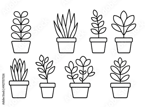 Houseplant icon set – outline style botanical and indoor gardening symbols for plant enthusiasts: fiddle leaf fig, monstera, cactus, fern, succulent, bonsai, snake plant