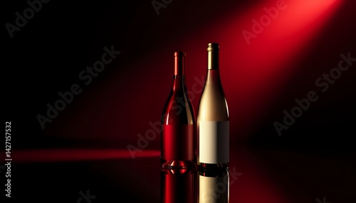 A close-up of two luxurious wine bottles, one red, one white, their curved glass surfaces glowing under intersecting red and gold spotlights