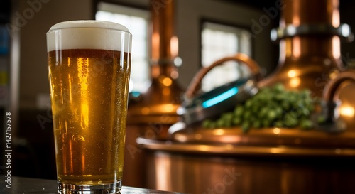 A pint of light beer on a counter in front of brewing equipment. The beer is golden and has a thick head.