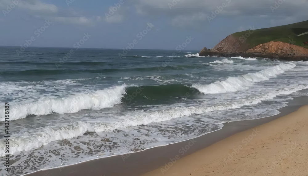 Ocean waves crashing on a sandy beach with a green hill in the background on a sunny day at the coast Ocean waves crashing on a sandy beach with a green hill in the background on a sunny day at the coast