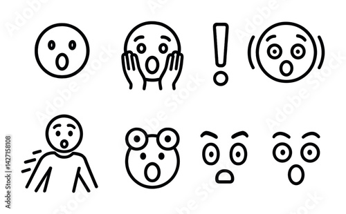 Surprise faces line icons set – outline reactions and emotions for visual communication: shocked face, exclamation, startled expression, wide eyes, surprised emoji, astonished look