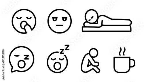 Sleep and relaxation icon set – outline style rest and comfort symbols for wellness apps, calming visuals, and sleep tracking: yawning face, sleeping face, person in bed, weary face, hot cup