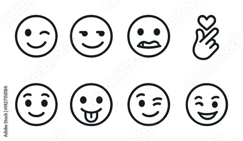 Emoticon and emoji outline icons set – line style facial expressions and reactions symbols for communication: smiley, wink, wink with tongue out, smirk, heart hand