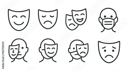 Theater masks outline icon set – drama and performance symbols for stage art, acting, and expressions: happy mask, sad mask, comedy and tragedy, actor, audience, theater