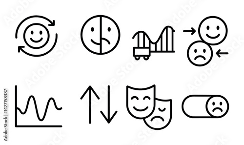 Emotion and mood outline icon set – minimalist mental health and psychology symbols for therapy sessions, emotional tracking, counseling: happy, sad, rollercoaster, graphs, masks