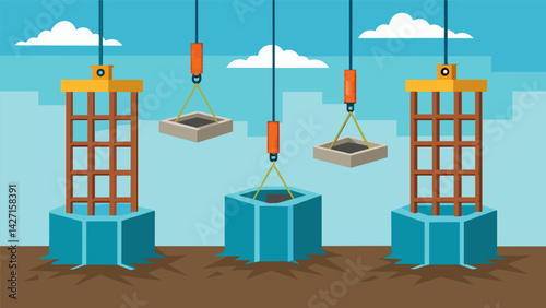 Steel reinforcement cages being lowered into the holes before the concrete is poured providing additional strength to the piles.. Vector illustration