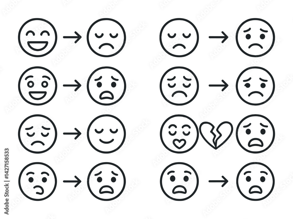 Emotion transformation outline icons set – expressive and dynamic symbols for mood shifts, emotional states, and feelings: happy, sad, confused, love-struck, shocked, angry, neutral