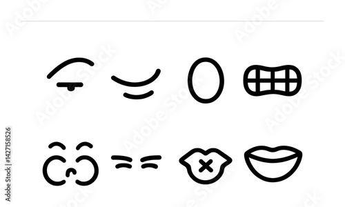 Facial expression outline icons set – minimalist emotion and mood symbols for personal expression and psychology: smile, frown, wink, surprised, angry, neutral, tongue, smirk