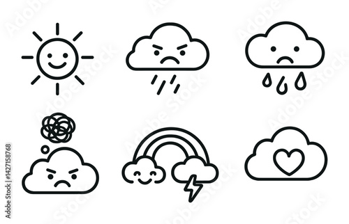 Weather emotion icons set – outline style meteorological and mood symbols: sun with smile, angry cloud, rainy cloud, sad cloud, stormy cloud, cloud with heart