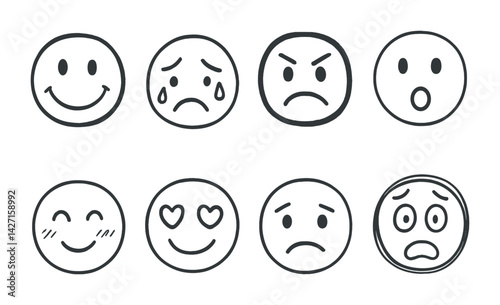 Emoticons outline icon set – expressive emoji and smiley face symbols for digital communication, mood, and reactions: smile, sad, angry, surprised, blushing, love, worried, shocked
