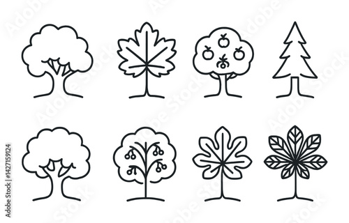 Tree icon set – outline style nature and botanical symbols for environmental design, green landscaping, and forestry: oak, maple, pine, apple, cherry, palm, fern, spruce