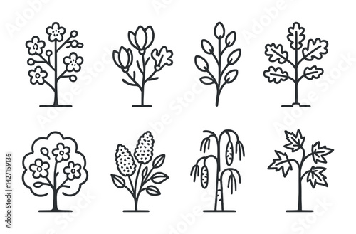 Tree and plant icon set – outline style nature and botanical symbols for eco design, horticulture, and landscaping: flowering tree, leafy branch, sprouting sapling, oak tree, willow