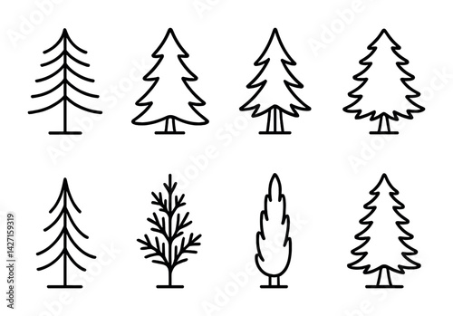 Nature and environment outline icons set – minimalist forest and woodland symbols for ecological design, conservation, and natural beauty: pine, oak, maple, birch, sequoia, cypress, willow, spruce