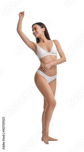 Woman with smooth skin after epilation procedure on white background