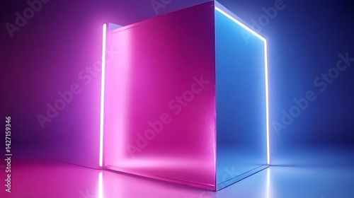 Illuminated Cube Neon Pink and Blue Glowing Lines on Metallic Surface Abstract 3D Render
