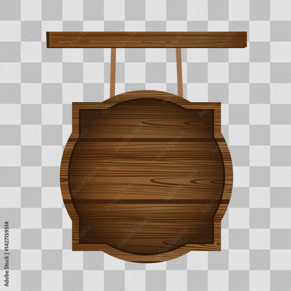 Naklejka premium Wooden board sign blank promotion and decoration with transparent background. Wood banner billboard in old vintage style hanging on a string
