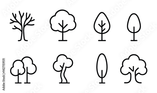 Nature and environment icon set – line style botanical and ecological symbols for sustainability, flora, and landscapes: oak tree, pine, maple, willow, cypress, birch, cherry
