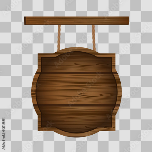 Wooden board sign blank promotion and decoration with transparent background. Wood banner billboard in old vintage style hanging on a string