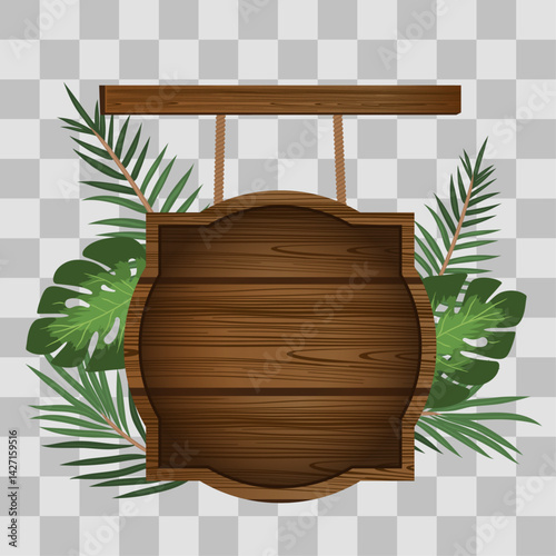Wooden board sign blank promotion and decoration with transparent background. Wood banner billboard in old vintage style hanging on a string with green tropical leafy 