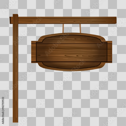Wooden board sign blank promotion and decoration with transparent background. Wood banner billboard in old vintage style hanging on a string