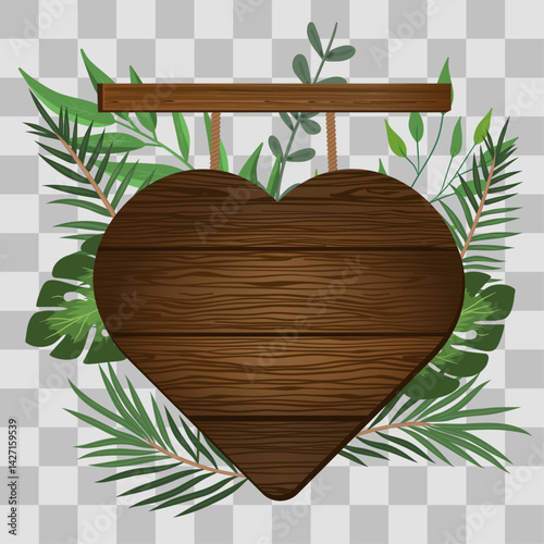 Wooden board sign blank promotion and decoration with transparent background. Wood banner billboard in old vintage style hanging on a string with green tropical leafy 