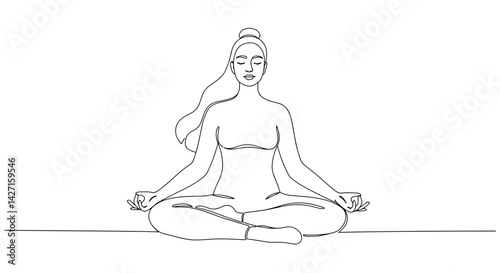 A peaceful woman meditating in a serene pose, minimalist line art illustration, white background