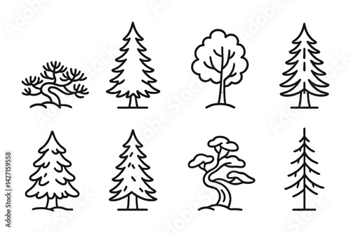 Tree and nature inspired icons set – outline style botanical symbols for environment and greenery themes: pine, bonsai, oak, spruce, fir, leafless tree, evergreen
