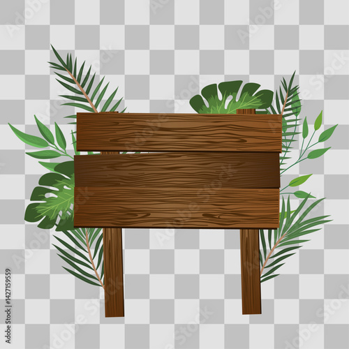 Wooden board sign blank promotion and decoration with transparent background. Wood banner billboard in old vintage style with green tropical leaf
