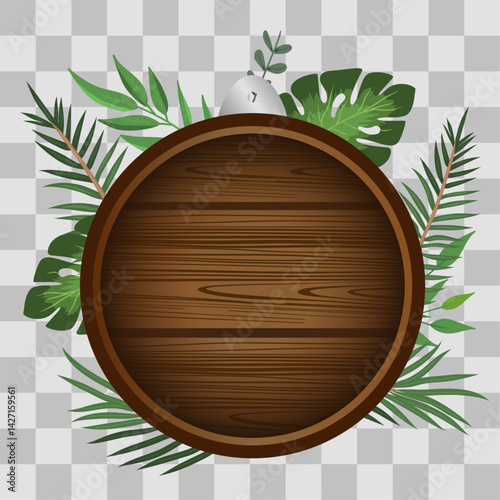 Wooden board sign blank promotion and decoration with transparent background. Wood banner billboard in old vintage style on wall with green tropical leafy 