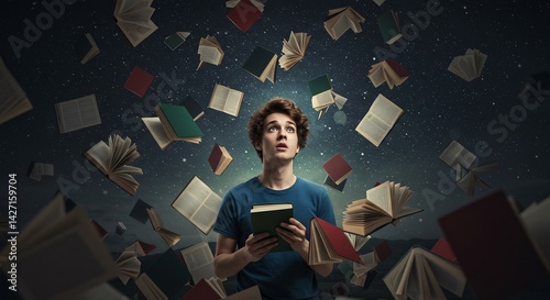 A curious young man surrounded by flying books, expressing a sense of wonder and knowledge. He holds a book, gazing upwards at the floating literary treasures.
