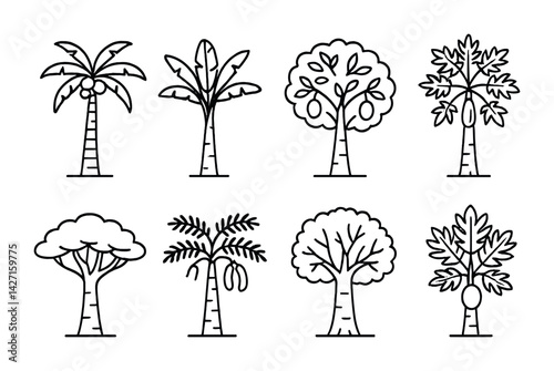 Tree icon set – outline style nature and botany symbols for environmental graphics: palm, banana, oak, pine, baobab, mangrove, cedar, maple
