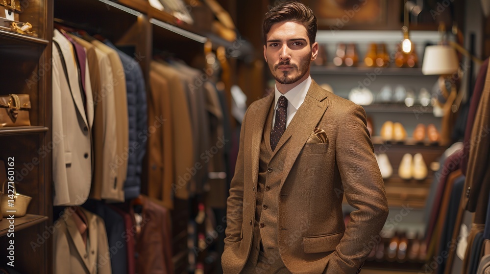 Fototapeta premium A handsome man in a brown suit poses in a clothing store. His suit has three pieces. It's the latest style for business.