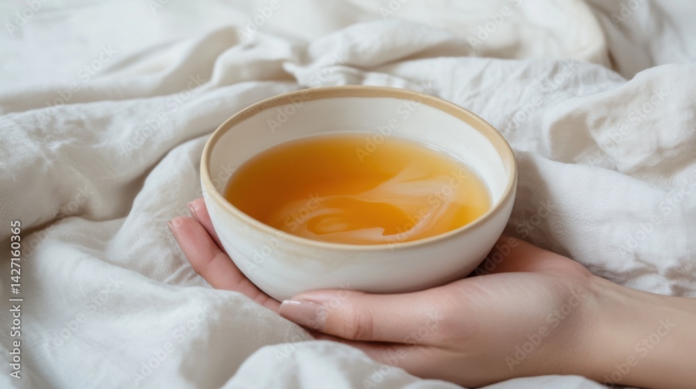 Warm Comfort: Hands Holding Bowl of Broth on Rustic Table - Cozy Dining Concept