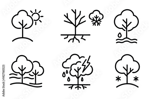 Nature tree icon set - outline style environmental and seasonal symbols for ecosystems and weather: tree, sun, roots, clouds, raindrops, lightning, snowflake