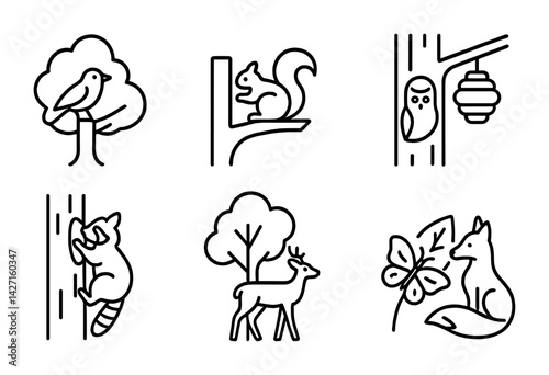 Wildlife and nature outline icons set – linear forest and animal symbols for ecology and conservation: bird, squirrel, owl, raccoon, deer, fox, butterfly