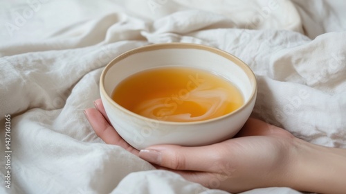 Obraz na płótnie Warm Comfort: Hands Holding Bowl of Broth on Rustic Table - Cozy Dining Concept w salonie