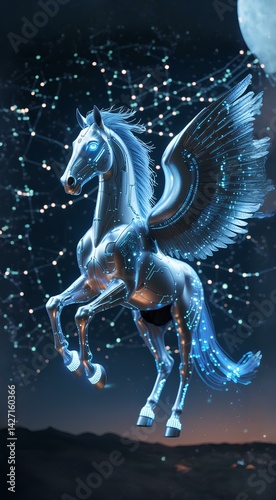A majestic silver-plated cybernetic horse rises into the night sky