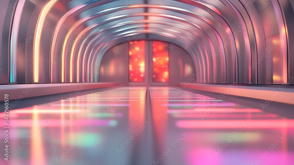 Futuristic NeonLit Corridor Abstract Architectural Design with Glowing Panels and Reflective Floor