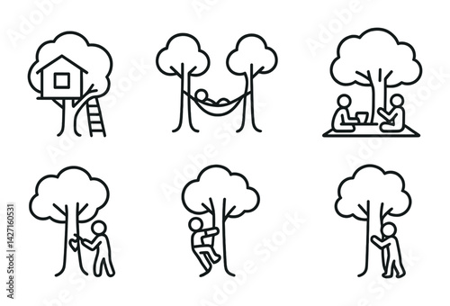 Outdoor activities icon set – outline style nature and recreation symbols for camping, hiking, and relaxation: treehouse, hammock, picnic, tree climbing, nature lover, park