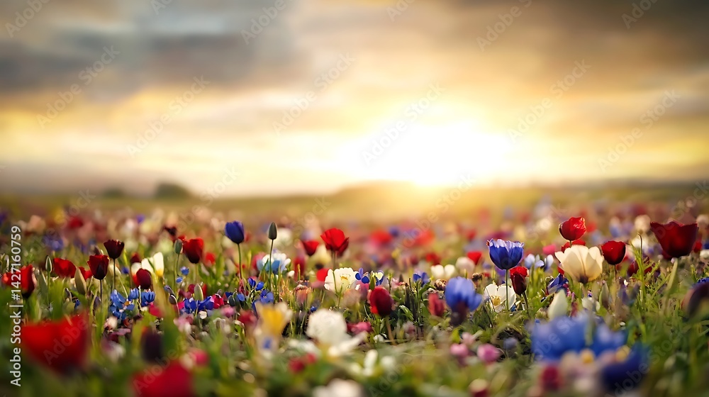 Vibrant Wildflower Meadow at Sunset Red Blue and White Blossoms in a Lush Green Field Under a Dramatic Sky